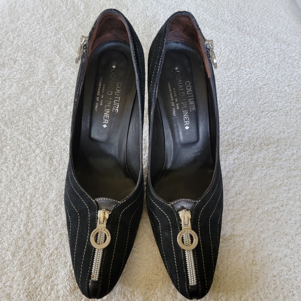 Donald J Pliner Black Suede Pinstripe Zipper Heels